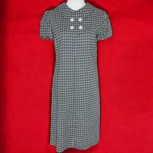 60’s Vintage Women’s Gray White Plaid Career Wiggle Dress Peter Pan Collar Small